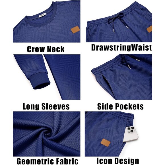 Men's 2 Piece Sweat suit Jogging Suit Set Long Sleeve Jacquard Shirt Navy Blue - Picture 6 of 6